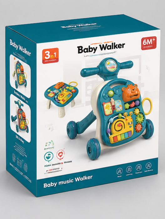 3-in-1 Musical Baby Walker & Activity Table – Sit-to-Stand Push Walker