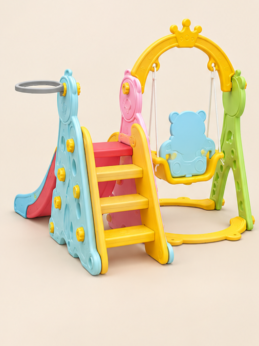 Crown-Top 3-in-1 Toddler Slide and Swing Playset with Basketball Hoop