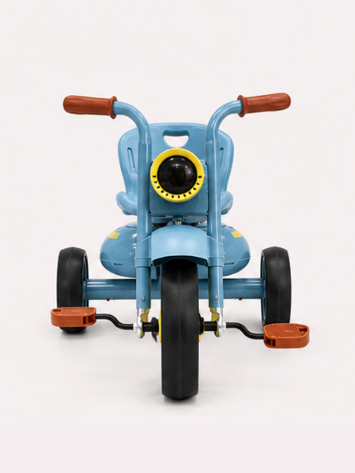Title: Vintage Style Light Blue Kids Tricycle with Front Headlight & Rear Storage
