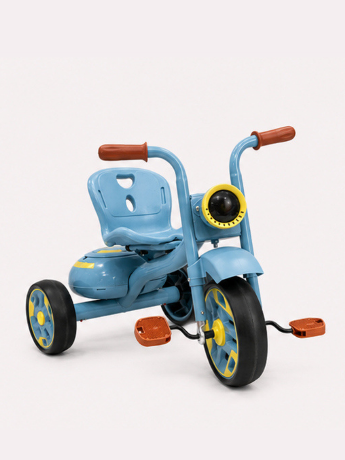 Title: Vintage Style Light Blue Kids Tricycle with Front Headlight & Rear Storage