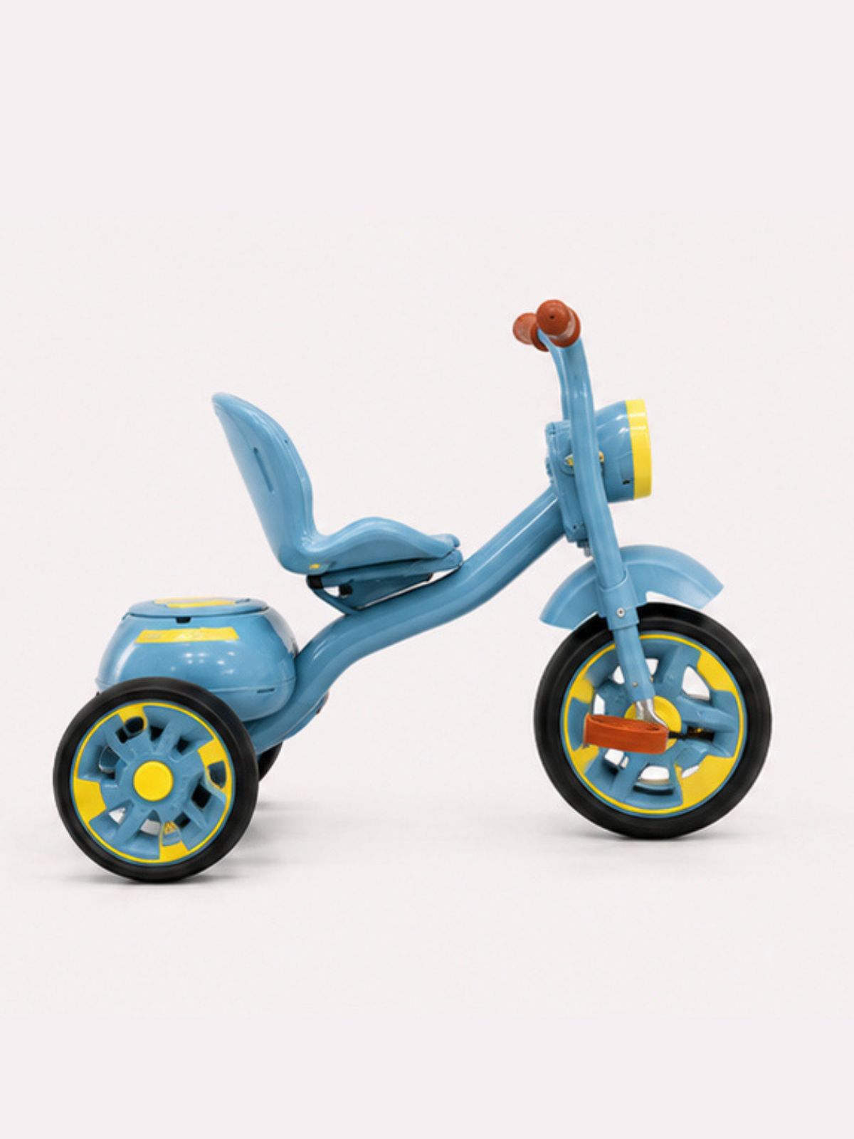 Title: Vintage Style Light Blue Kids Tricycle with Front Headlight & Rear Storage