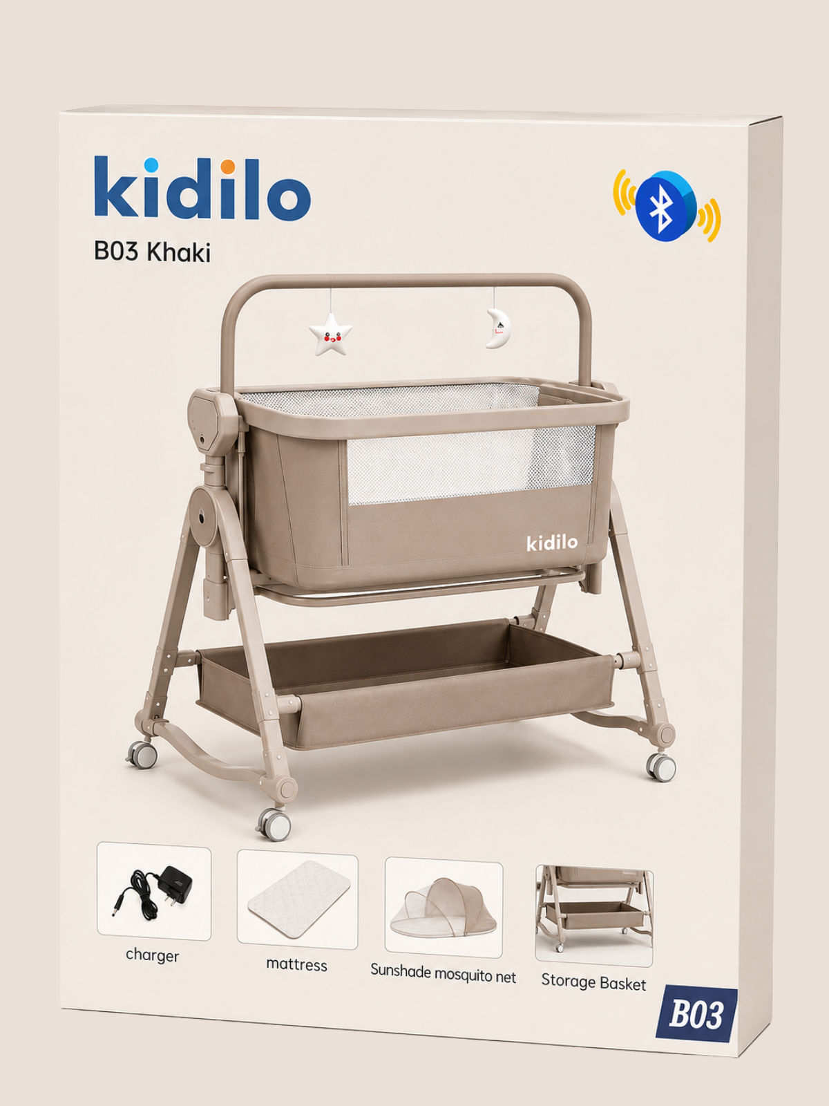 Kidilo Smart Electric Baby Cradle & Co-Sleeper (Khaki)