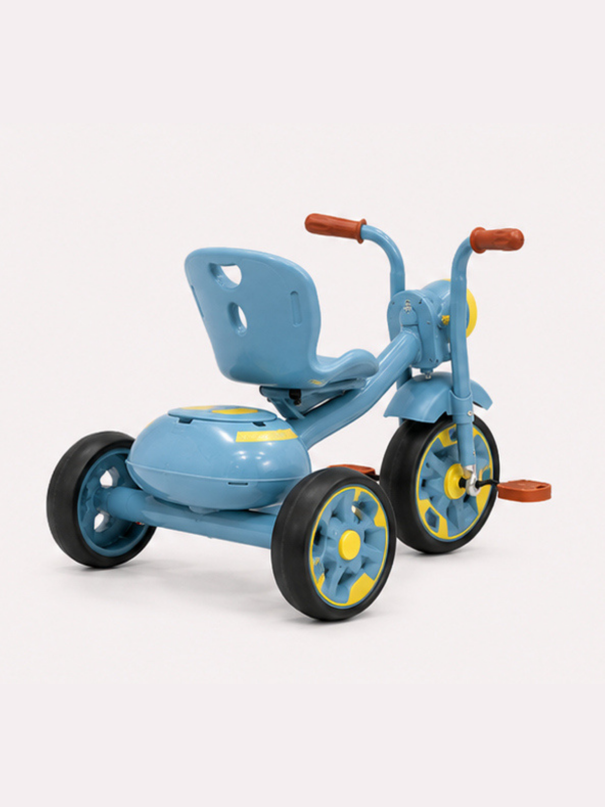 Title: Vintage Style Light Blue Kids Tricycle with Front Headlight & Rear Storage