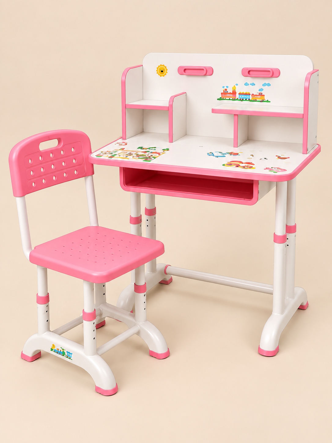 Height-Adjustable Study Desk & Chair Set with Storage Hutch