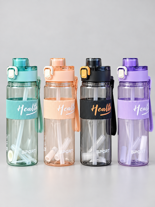 Transparent Sport Water Bottle with Straw & Silicone Sleeve 850ml