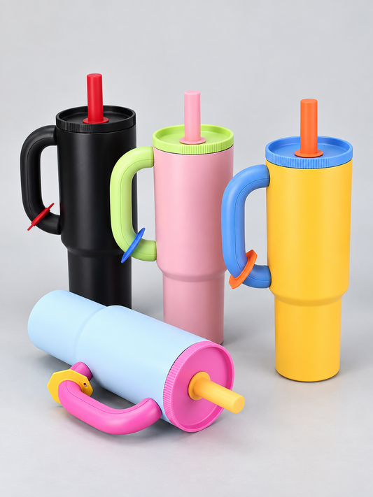Color-Block Stainless Steel Travel Tumbler Mug with Handle & Straw Cover
