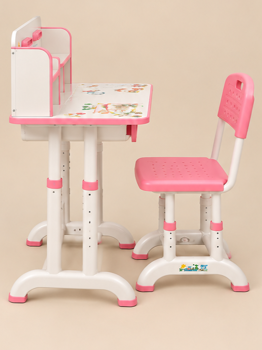 Height-Adjustable Study Desk & Chair Set with Storage Hutch