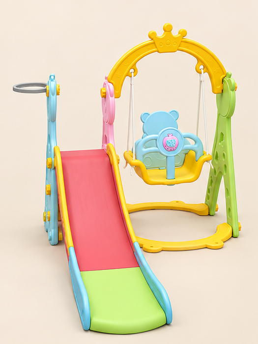 Crown-Top 3-in-1 Toddler Slide and Swing Playset with Basketball Hoop