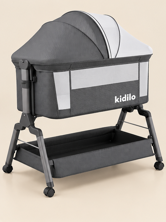 Kidilo BJJ-658P Premium Bedside Baby Crib with Mosquito Net – Grey