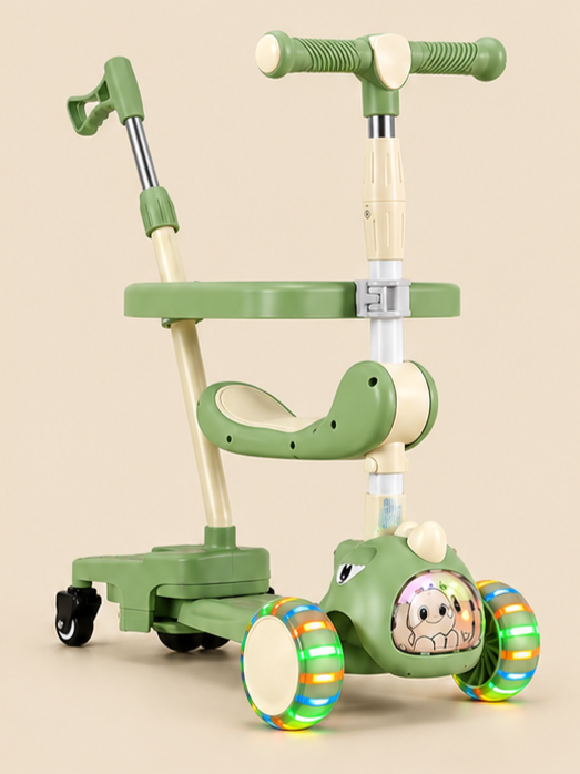 3-in-1 Dinosaur Theme Convertible Kids Scooty with Parent Push Handle, Light-Up Wheels & Safety Surround Bar