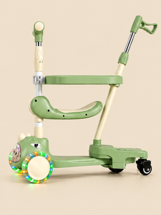 3-in-1 Dinosaur Theme Convertible Kids Scooty with Parent Push Handle, Light-Up Wheels & Safety Surround Bar