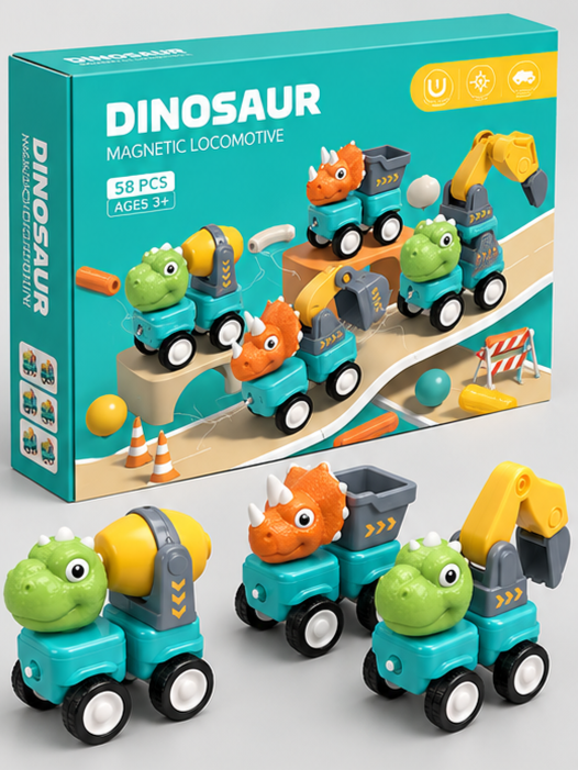 58-Piece Dinosaur Magnetic Construction Vehicle Set