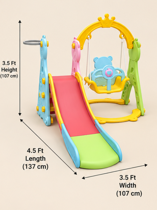Crown-Top 3-in-1 Toddler Slide and Swing Playset with Basketball Hoop