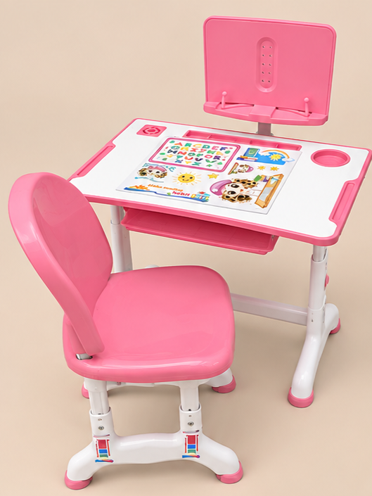Kids Ergonomic Height-Adjustable Study Desk & Chair Set with Book Stand