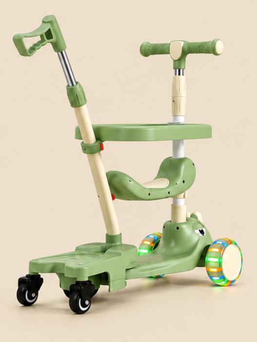 3-in-1 Dinosaur Theme Convertible Kids Scooty with Parent Push Handle, Light-Up Wheels & Safety Surround Bar