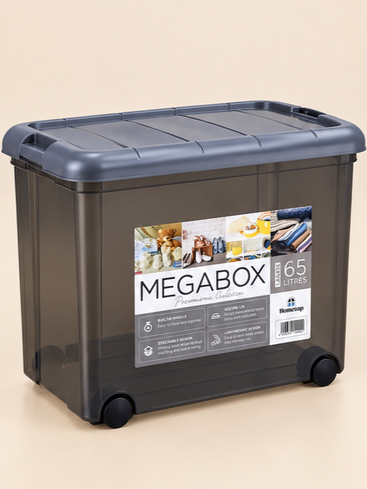 Homeup Megabox Extra Large 65-Litre Heavy Duty Plastic Storage Box with Wheels