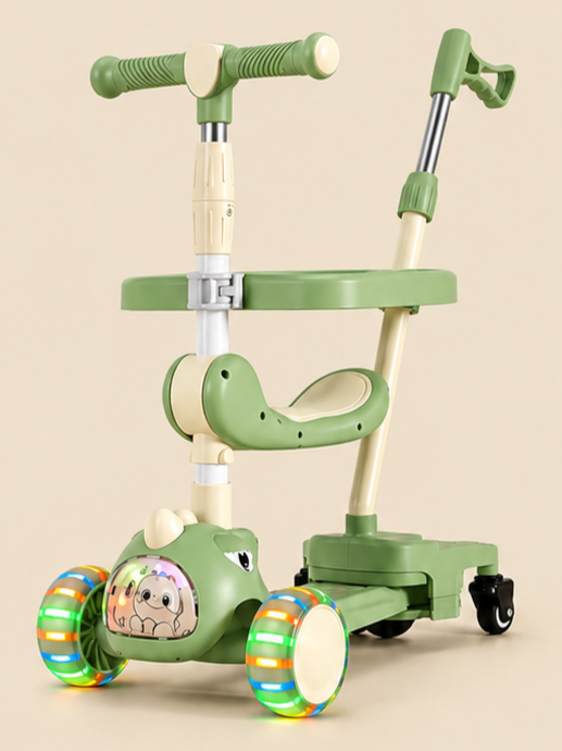 3-in-1 Dinosaur Theme Convertible Kids Scooty with Parent Push Handle, Light-Up Wheels & Safety Surround Bar
