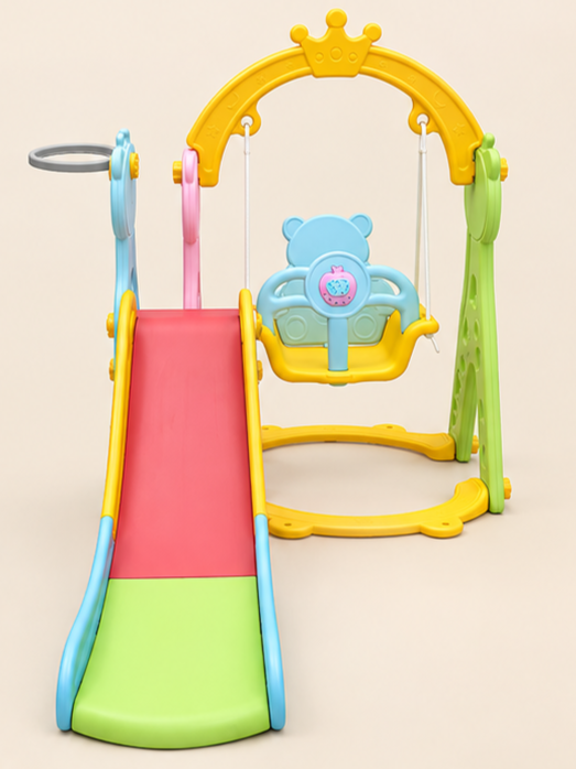 Crown-Top 3-in-1 Toddler Slide and Swing Playset with Basketball Hoop