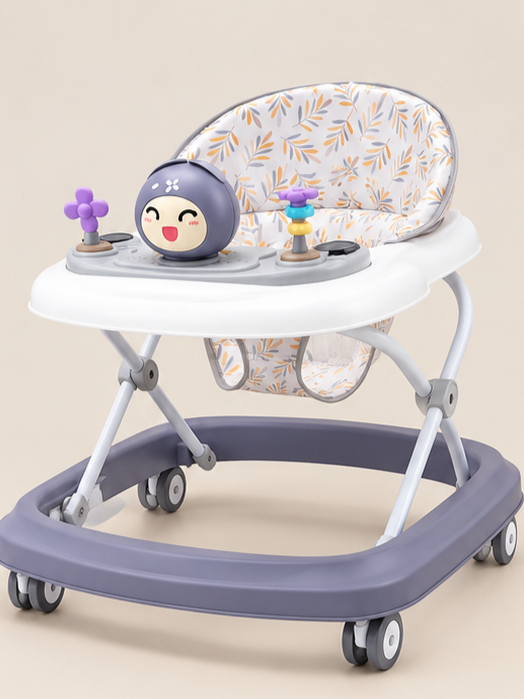 Foldable Baby Walker with Interactive Toy Tray & Printed Seat Cushion