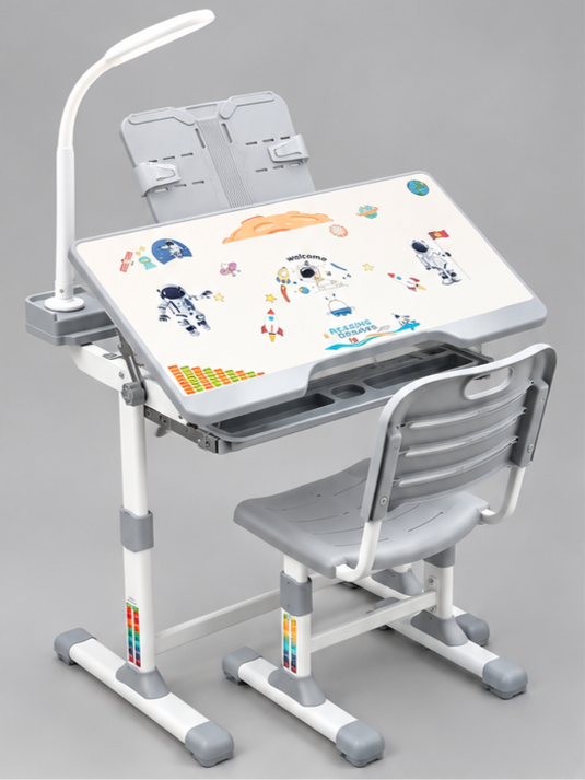 Ergonomic Kids Height-Adjustable Study Table & Chair Set with Book Stand & Rechargeable LED Lamp
