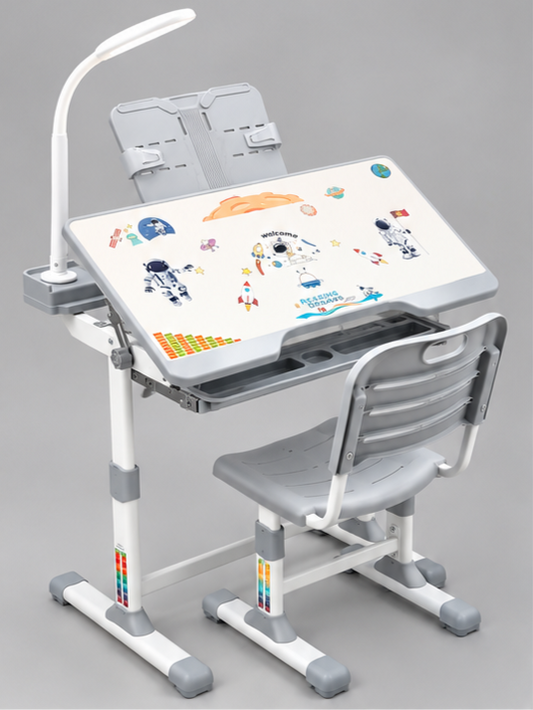 Ergonomic Kids Height-Adjustable Study Table & Chair Set with Book Stand & Rechargeable LED Lamp