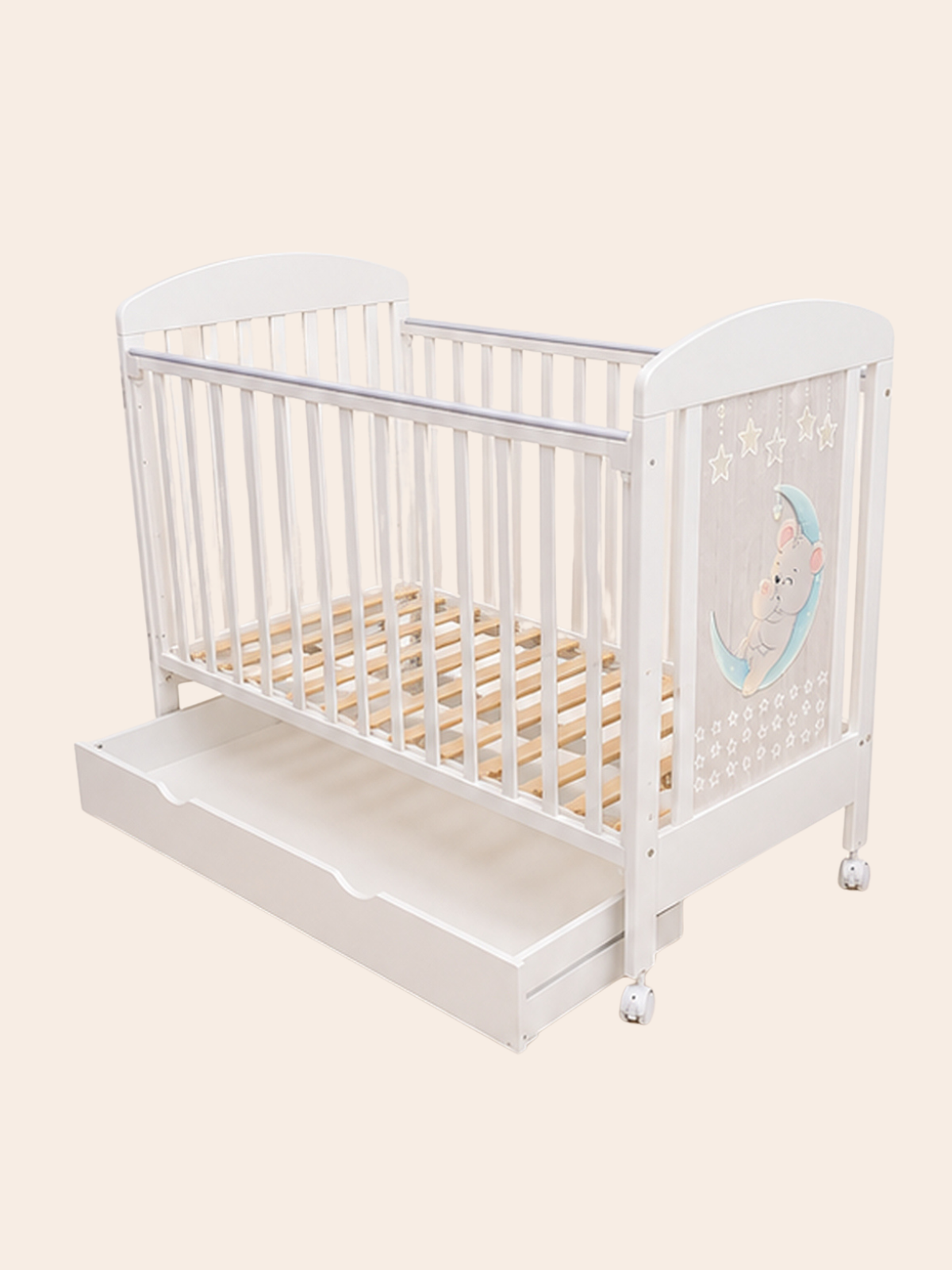 Wooden Baby Cot Bed with Under-Bed Storage Drawer &  Nursery Artwork