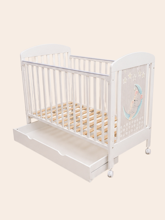 Wooden Baby Cot Bed with Under-Bed Storage Drawer &  Nursery Artwork