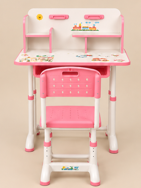 Height-Adjustable Study Desk & Chair Set with Storage Hutch
