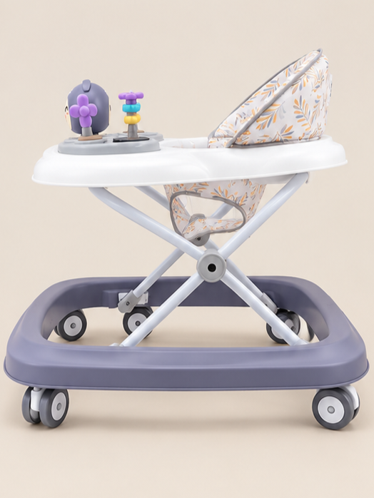 Foldable Baby Walker with Interactive Toy Tray & Printed Seat Cushion